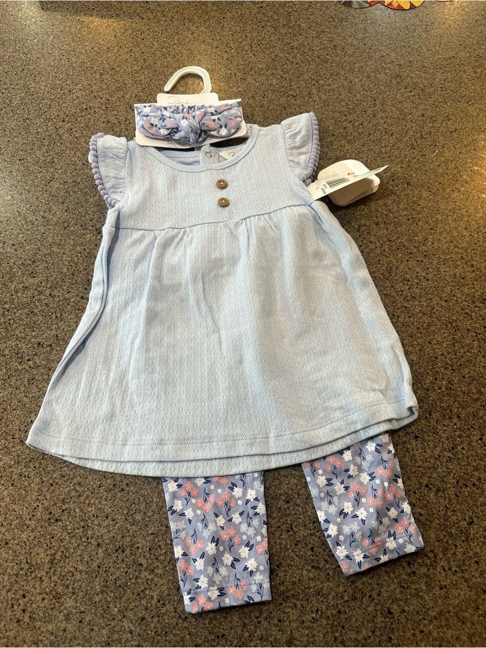 Baby Girl Light Blue Dress & Floral Leggings Set